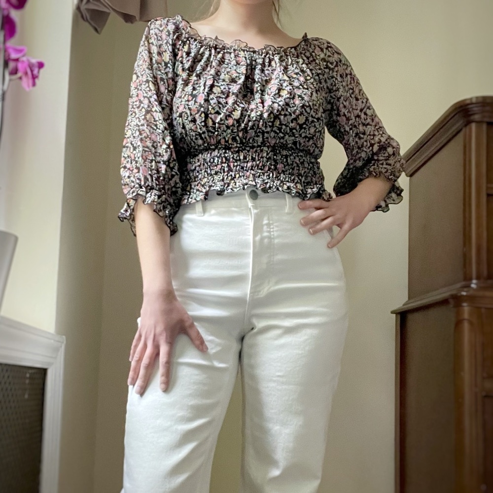 Anthropologie Floral 3/4 Sleeve Stretch Top Medium